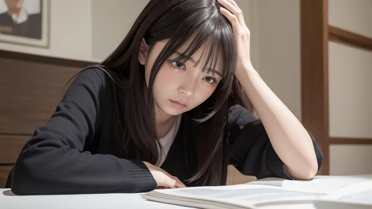 女風ユーザーが頭に手をあてて考え事をしている画像