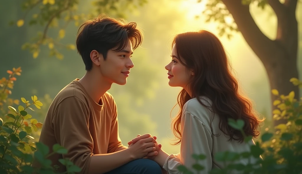 カップルが屋外で手を取り合っている画像