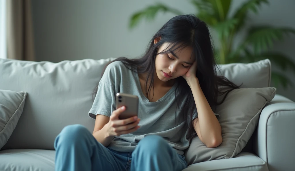 スマホを見ながらうなだれる様子の女風ユーザーの画像