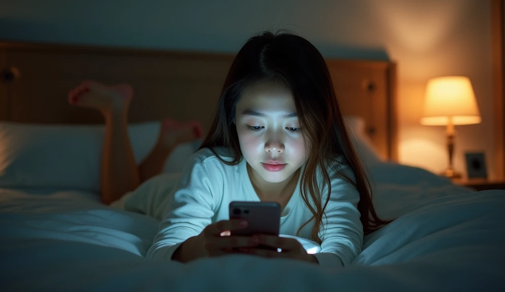 ホテルのベッドでスマホを見つめている女風ユーザーの画像