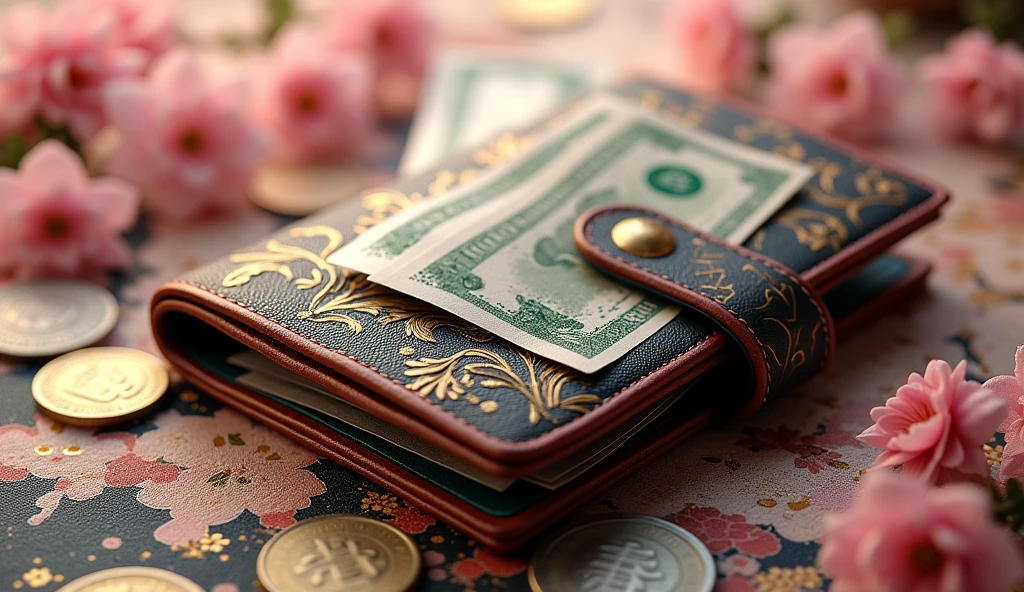 お財布と小銭とお札の画像