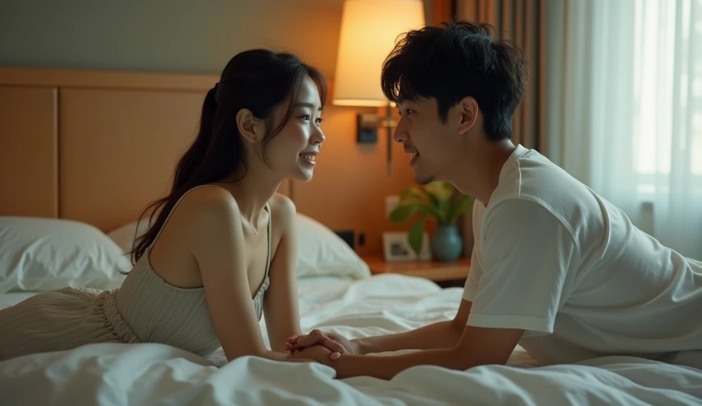 女風ユーザーと女性用風俗セラピストがベッドで手を取り合って見つめ合う画像