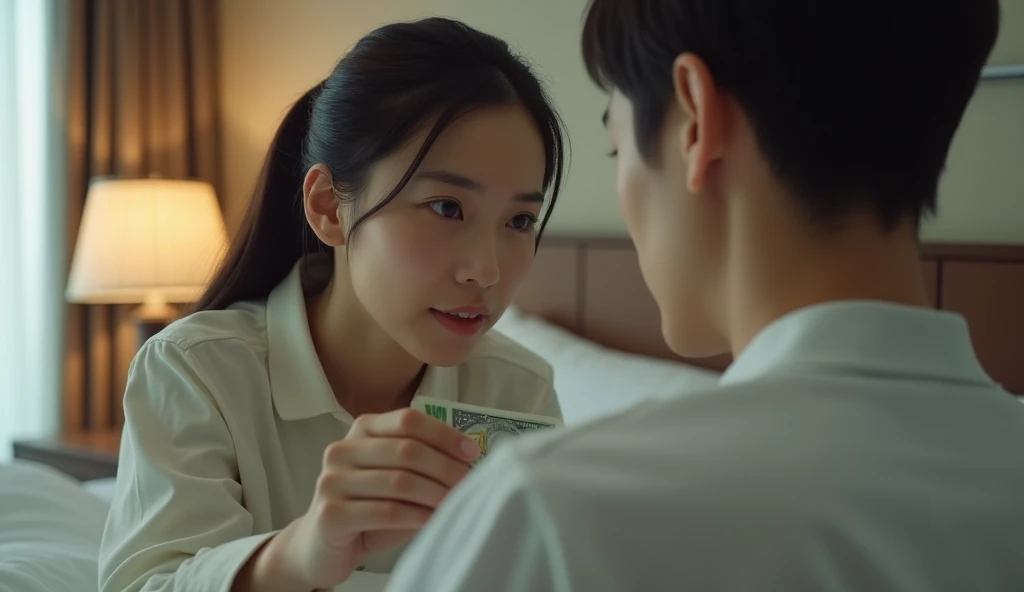 ベッドの上で女性用風俗セラピストに料金を支払う女風ユーザーの画像