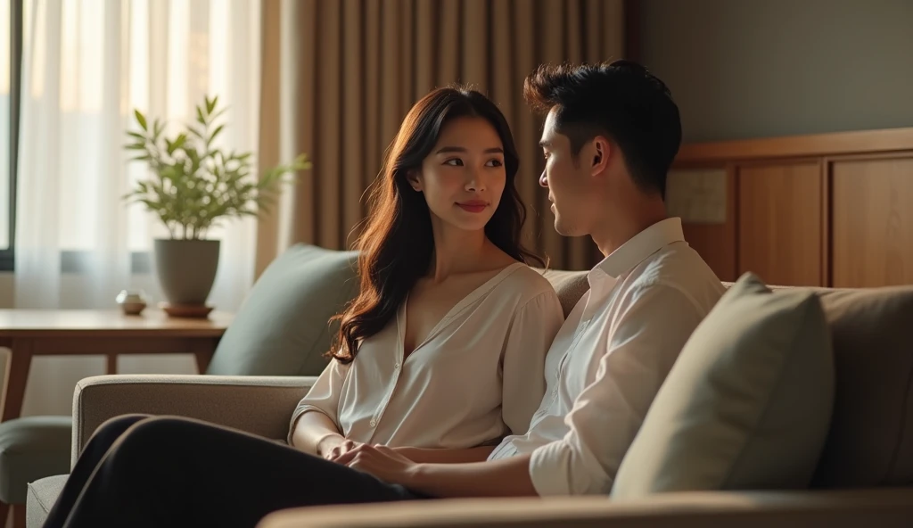 ソファーの上でカウンセリングをしている女性用風俗セラピストと女風ユーザーの画像