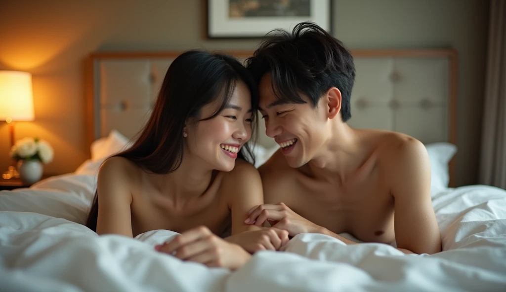 ベッドの上で裸で笑いあう女性用風俗セラピストと女風ユーザーの画像