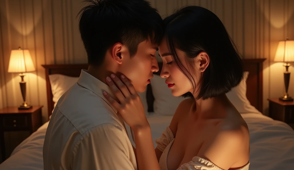 間接照明の中頭を寄せ合う女性用風俗セラピストと女風ユーザーの画像