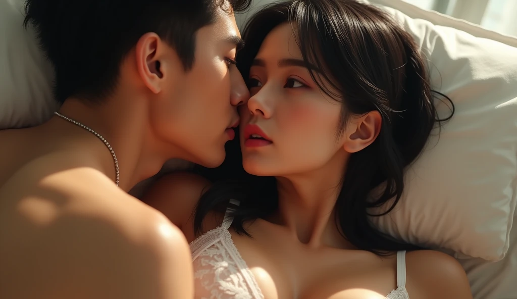 ベッドの上でキスする直前の女性用風俗セラピストと女風ユーザーの画像