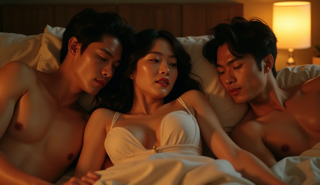 女風ユーザーと女性用風俗セラピスト2名がベッドで横たわっているの画像