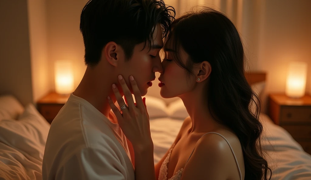 ホテルの室内で間接照明で顔を寄せ合う女性用風俗セラピストと女風ユーザーの画像