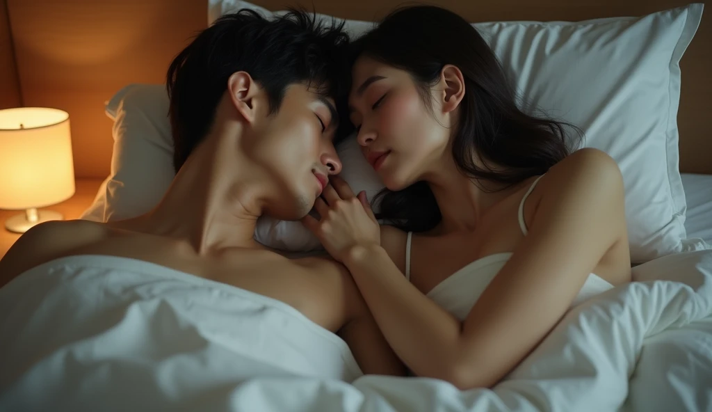 ベッドで肩を寄せ合っている女風ユーザーと女性用風俗セラピスト