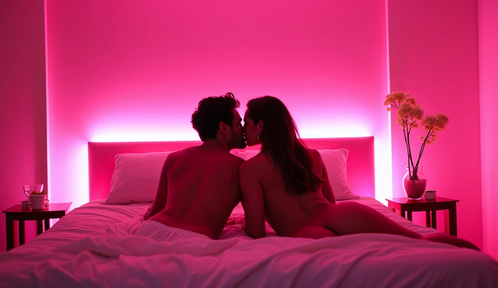 ラブホテルのベッドの上でキスをしている女風ユーザーと女性用風俗セラピストの画像