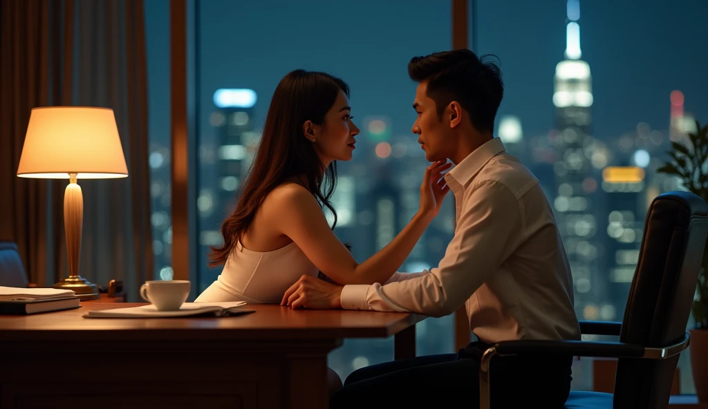 ビジネスホテルの室内で向き合っている女風ユーザーと女性用風俗セラピストの画像