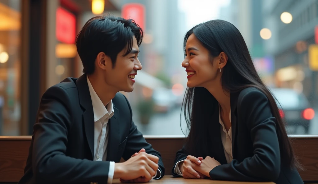 喫茶店で向き合って談笑している女風ユーザーと女性用風俗セラピストの画像