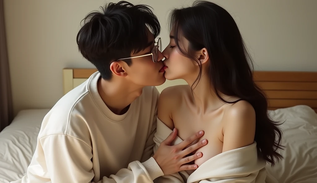 ベッドでキスをする女風ユーザーと女性用風俗セラピストの画像