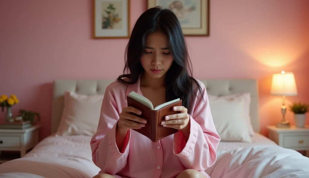 手帳を開いて悩んでいる様子の女風ユーザーの画像