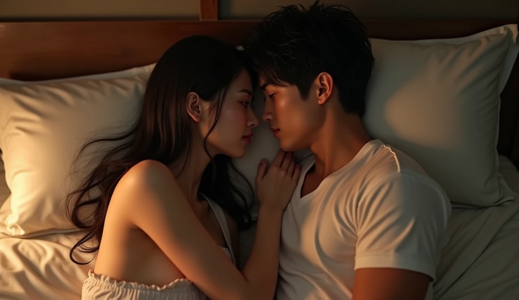 ベッドで顔を寄せ合う女風ユーザーと女性用風俗セラピストの画像