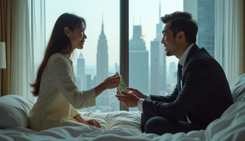 ベッドの上で女性用風俗セラピストにお金を渡している女風ユーザーの画像