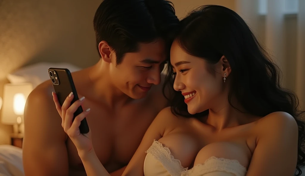 ベッドの上で撮影をしている女性用風俗セラピストと女風ユーザーの画像