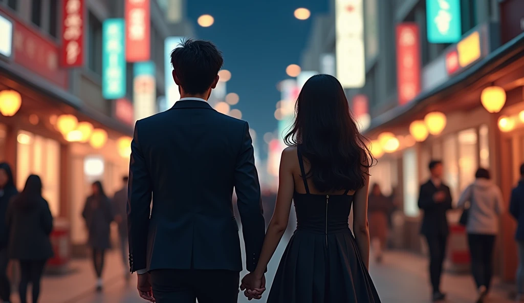 夜の街中をデートする女性用風俗セラピストと女風ユーザーの画像