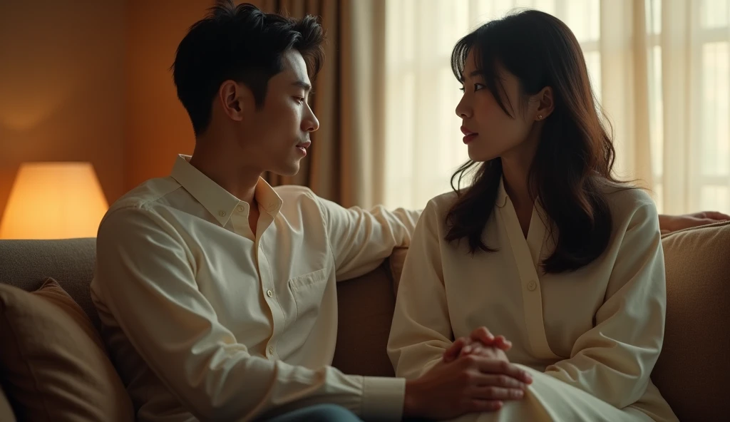 ソファーで語り合う男女の画像