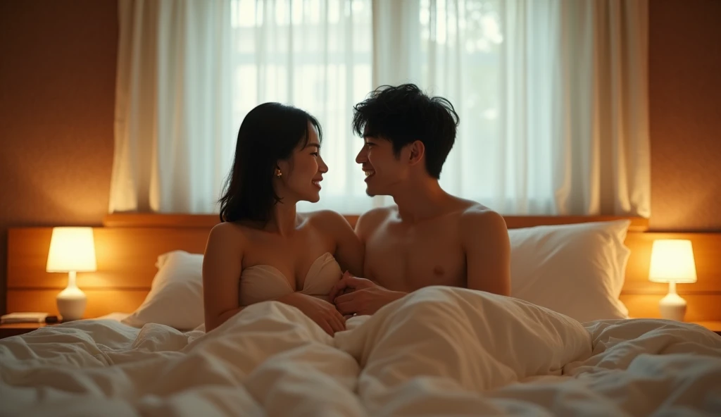 ベッドで肩を寄せ合っている女風ユーザーと女性用風俗セラピストの画像