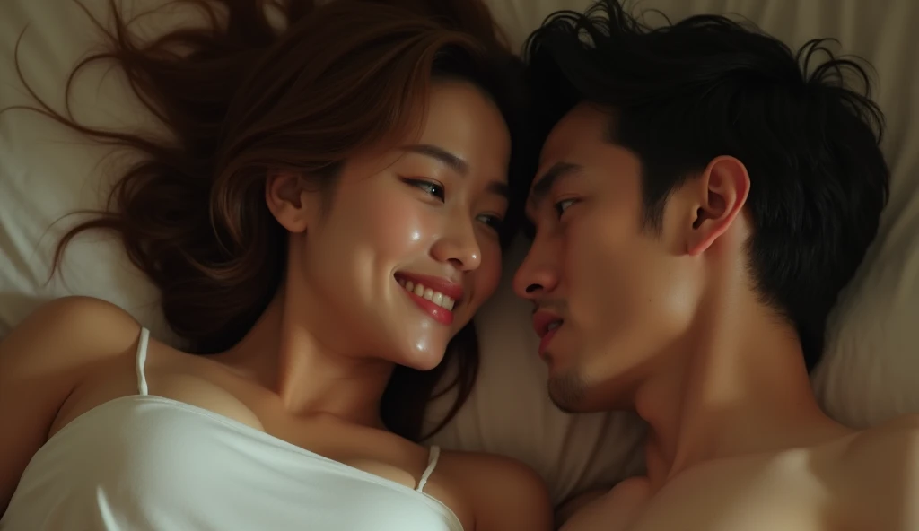 ベッドで顔を寄せ合っている女性用風俗セラピストと女風ユーザーの画像