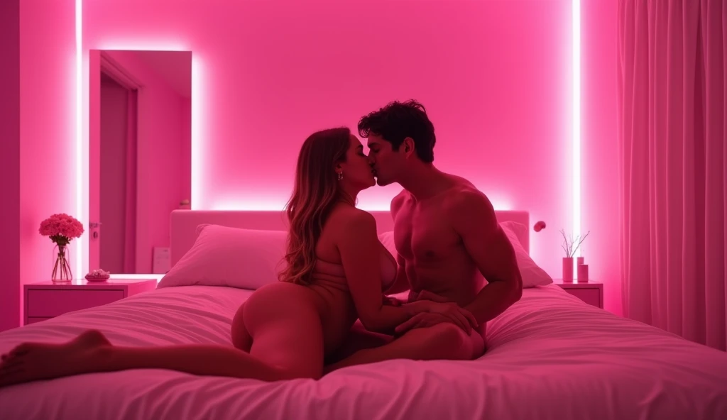 ホテルのベッドでキスをしている女性用風俗セラピストと女風ユーザーの画像