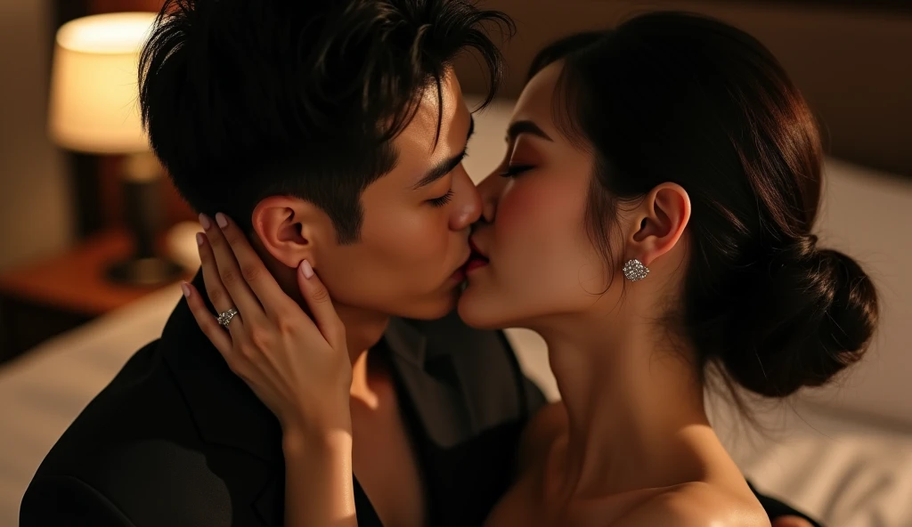 ベッドの上でキスをしている女性用風俗セラピストと女風ユーザーの画像