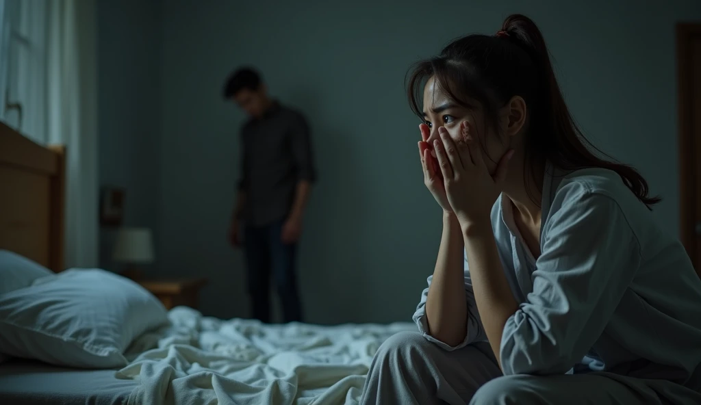 暗い部屋でうつむいている女性用風俗セラピストと女風ユーザーの画像