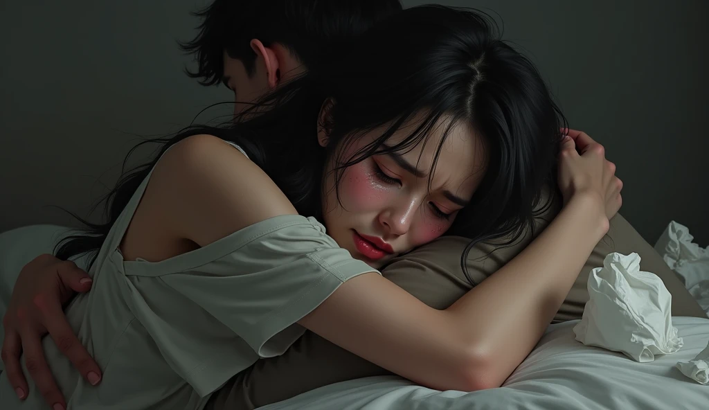 泣きはらしたあと抱き合っている女風ユーザーと女性用風俗セラピストの画像