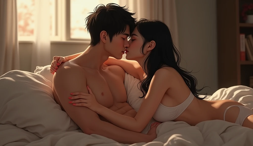 ベッドの上で抱き合う女性用風俗セラピストと女風ユーザーの画像