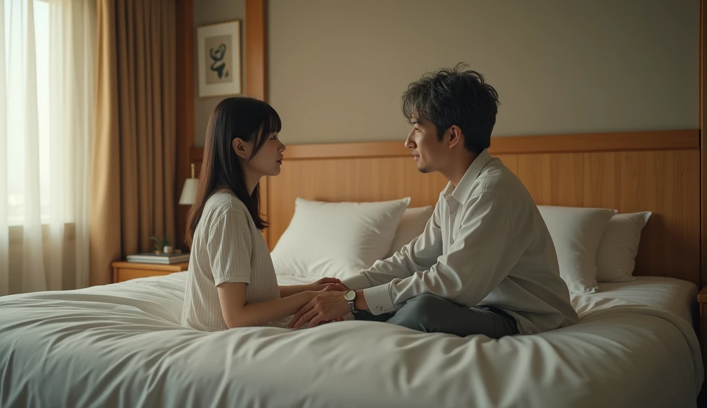 女性用風俗セラピストと女風ユーザーがベッドで手を繋いでいる画像