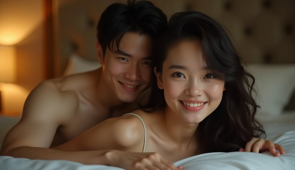 ベッドで笑いあう女性用風俗セラピストと女風ユーザーの画像