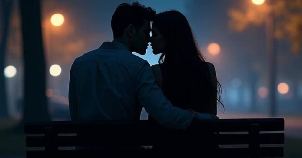 夜の公園でデートしている女性用風俗セラピストと女風ユーザーの画像