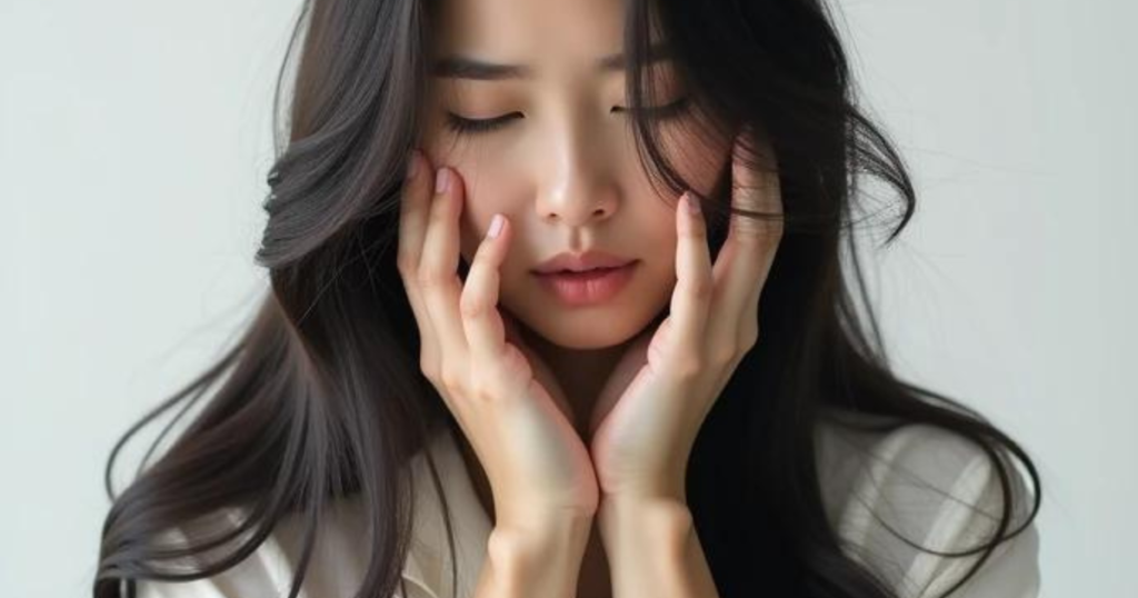 女風ユーザーが頬に手を当てて緊張している画像